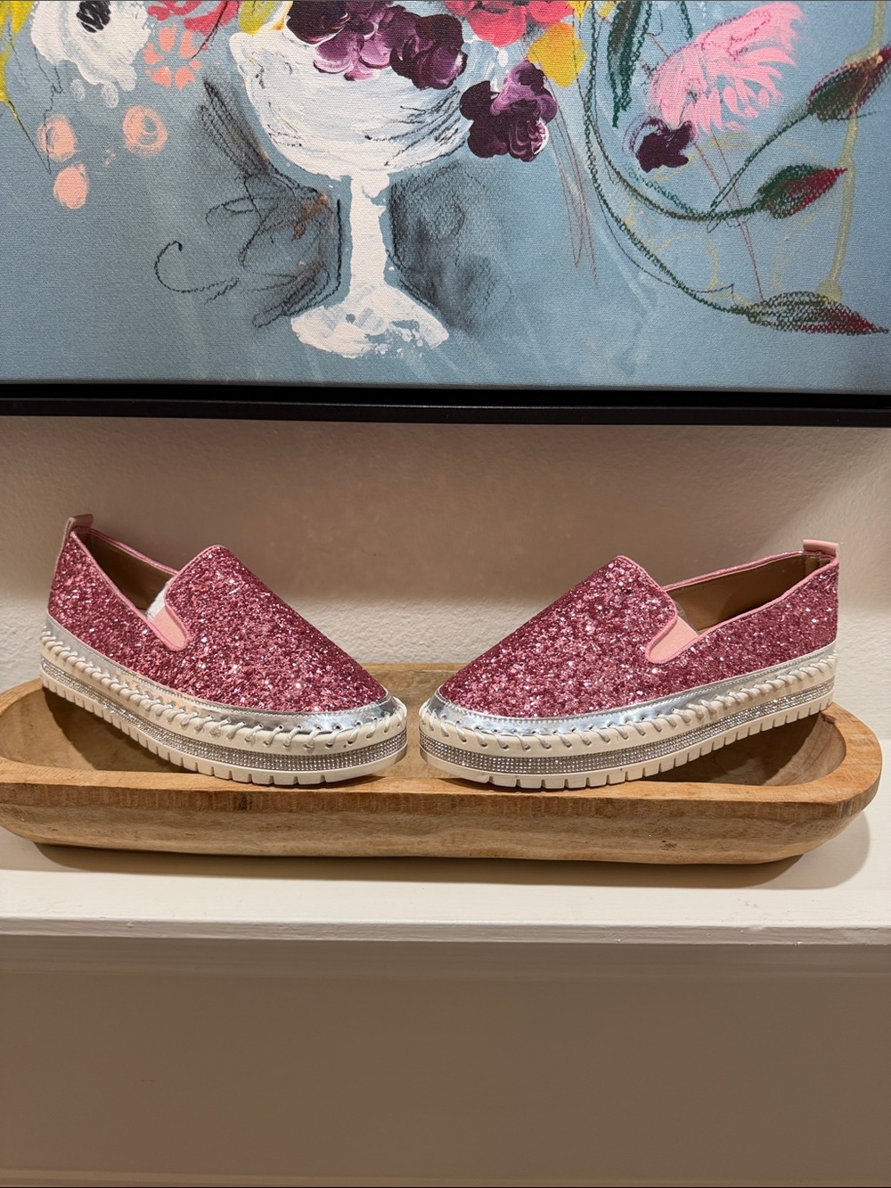 Glitter Slip-On Platform Espadrille in Pink